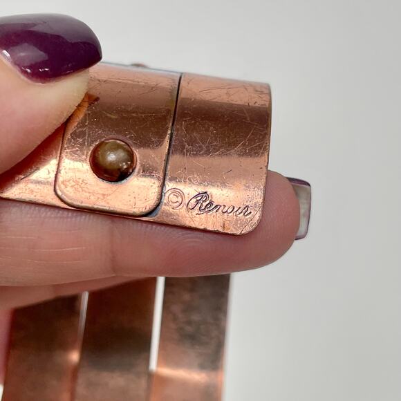 VTG Signed Renoir Copper Brutalist Cuff Bracelet  MCM Woven Riveted Metal Unisex - Picture 5 of 9